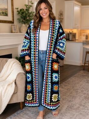 POL Boho Crochet Long Cardigan Sweater Coat - Multicolor NWOT